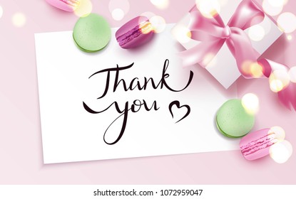 Thank you card with macarons and gift box on pink background.  Vetor illustration