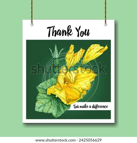 Thank you card with you make a difference text vector design. Yellow pumpkin flowers, buds. Thank you card design with yellow flowers for Thanksgiving. 