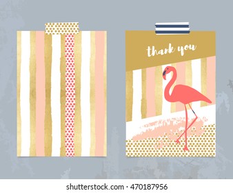 'Thank you' card and matching pattern. Flamingo on striped and polka dots background. Gold foil minimal design to use for thank you cards, Mothers Day or paper backgrounds.