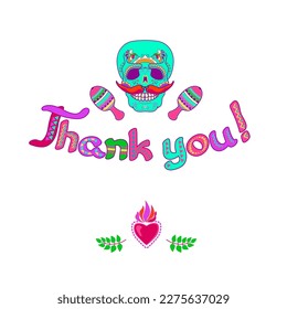 Thank you card with Mexican-themed design elements. Sugar skull, maracas, and colorful decorative letters Thank you isolated on white. Fun and playful graphics. Flat-style vector illustration.