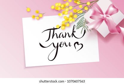 Thank you card with mimosa branch and gift box on pink background.  Vetor illustration