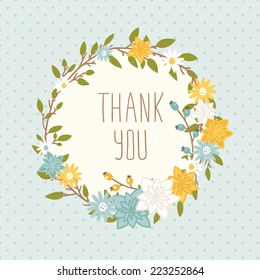 Thank you card on chevron background. Stylish floral wreth with text and cute cartoon bee in vintage style. Thank You Print Design