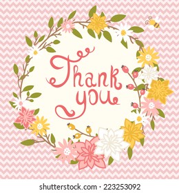 Thank you card on chevron background. Stylish floral wreth with text and cute cartoon bee in vintage style. Thank You Print Design