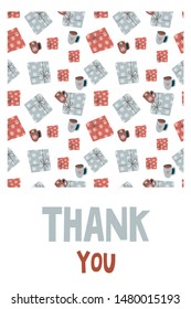 Thank you card on which presents gifts and the inscription - thank you. In a minimalistic cartoon style. Vector illustration.