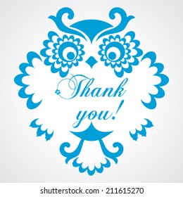 Thank you card with owl. Blue and white color. Vector Version.