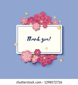 Thank you card with Paper cut flowers and butterfly on blue background. Origami concept, Vector illustration. Flyer with paper flowers and place for text, for invitation, spring sale, romantic letter