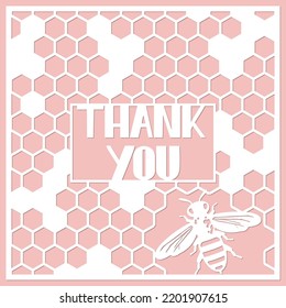 Thank You Card, Paper Cut Art Style, Paper Craft. Card Template With Bee And Honeycomb.