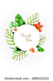 Thank you card. A pattern with tropical flowers and leaves.