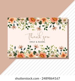 thank you card with peach floral watercolor frame