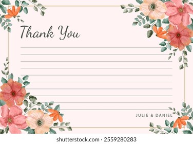 thank you card peach pink floral watercolor frame