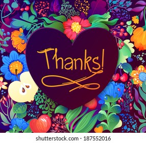 Thank you card in pink colors. Stylish floral background with text and cute cartoon bird in vector