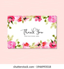 thank you card with pink floral watercolor frame