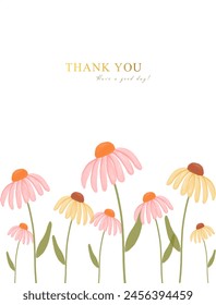 thank you card with pink and yellow daisy flower. suitable for greeting card, wallpaper, background design, wedding, invitation