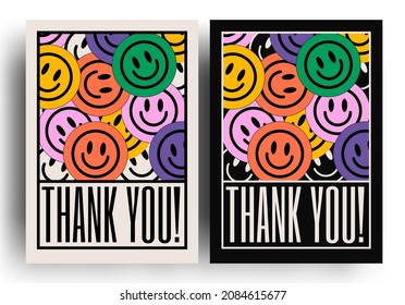 Thank you card or poster design template with colorful emoji composition. Vector illustration