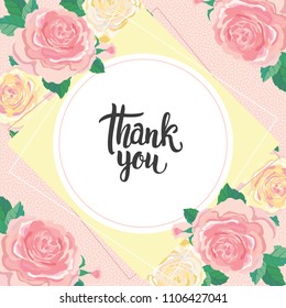 Thank You - card, poster template with roses illustrations and lettering