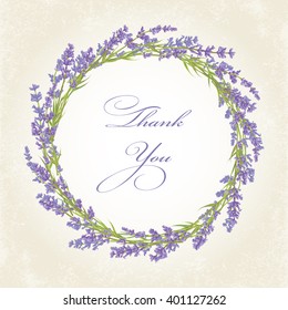 Thank you card with purple lavender flowers wreath. Vintage background. Vector illustration.