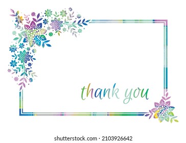 Thank you card with rainbow watercolor effect. Colorful floral design isolated on white background with border. Horizontal greeting card sized for 7x5.