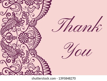 Thank you card with red lace border on pink background