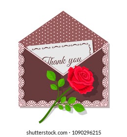 Thank you card and rose flower on dark envelope, decorated lace and polka dots
