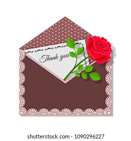Thank you card and rose flower on dark envelope, decorated lace and polka dots