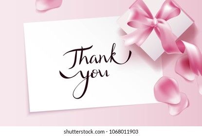 Thank you card with rose petals and gift box on pink background.  Vetor illustration