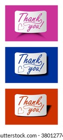 Thank you card set in different colors, calligraphy inscription on bended paper with different shadow