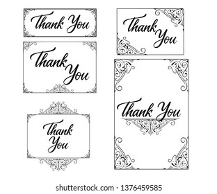 Thank you card set. Framed flourish greeting invitations. Calligraphy modern Vector illustration on white background