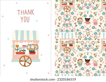 thank you card set and vector pattern.  flower showcase with cartoon flowers and pattern with shop, kids and flowers.