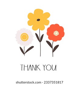 Thank you card with simple cute doodle flowers. Vector illustration
