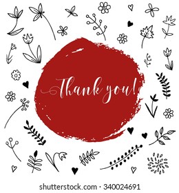 Thank you card. Summer pattern. Vector floral set. Graphic collection with leaves and flowers, drawing elements. Spring or summer design for invitation, wedding or greeting cards