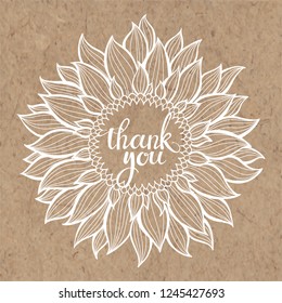 Thank you card with sunflower. Floral vector illustration with handmade vector calligraphy on kraft paper.