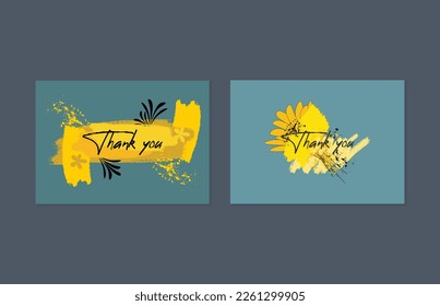 Thank you card template with brushstroke ink fluid and tropical botanic and lettering font design.