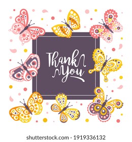 Thank You Card Template with Cute Beautiful Butterflies, Banner, Poster, Invitation Card Design Cartoon Vector Illustration