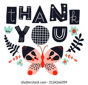 Thank you card template in cute decorative floral style