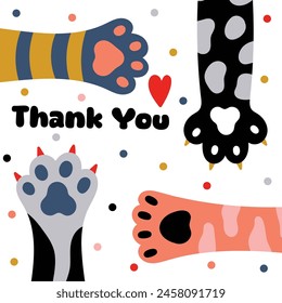 Thank you card template. Cute cat paws card.Vector illustration.