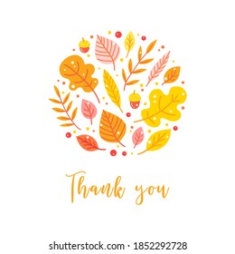 Thank you card template design with cute hand drawn leaves, acorns and berries.