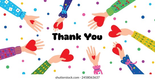 Thank you card template. Give and share your love for people.  Many hands holding stylized hearts. Сharity. Donation.Flat design, vector cute illustration.