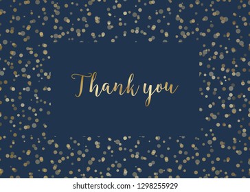 Thank you card template with golden lights on dark blue background and sample text layout. Vector greeting card, wedding invitation, brochure design, scalable to 5x7 inches.