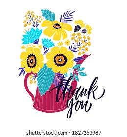 Thank you - card template with hand drawn vector illustrations of sunflowers bouquet in the water can