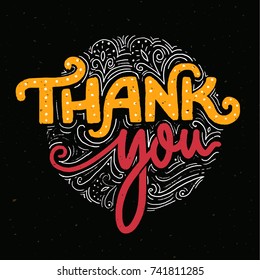 Thank you card template with handmade lettering. Text for stores and social media. Orange and pink words on dark background