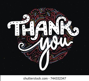 Thank you card template with handmade lettering. Text for stores and social media. White words with bright swirls and decor on dark black background.