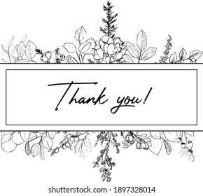 Thank you card template with ink sketches of plants and trees. Botanical drawings of furze, heather, hawthorn, willow, birch, aspen, ash, hazel, blackthorn, oak and yew. Simple minimal vector banner. 