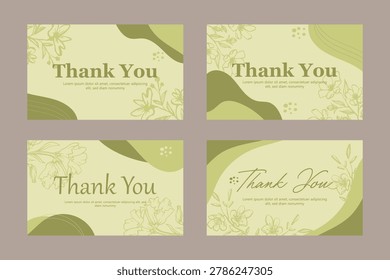 Thank you card template set with floral line art and soft abstract shapes
