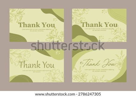 Thank you card template set with floral line art and soft abstract shapes