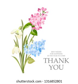 Thank you card with template sign and spring flower garland. Lilac and galantus bouquet for wedding card. Printable vintage marriage invitation with flowers over white. Vector illustration.