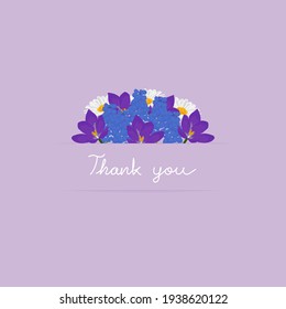 Thank you card template with spring flowers on purple paper. Vector illustration.