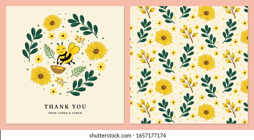 Thank You Card Template in Vector with Honey Bee and Bee Hive.