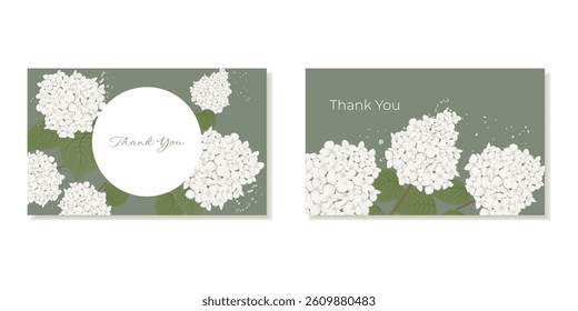 Thank you card templates with botanical print White Hydrangea blossoms. Vector