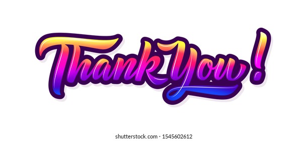 Thank you card, text or words. Retro label isolated on white background. Thank you vintage text and logo. Retro pink and purple gradient sign. Design element. 80s vector illustration