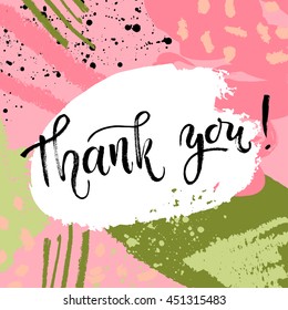 Thank you card, thanks. Vector isolated hand drawn lettering with abstract background. Printable wedding card template. Modern brush pen calligraphy. Cute words and phrases. Ready-to print.